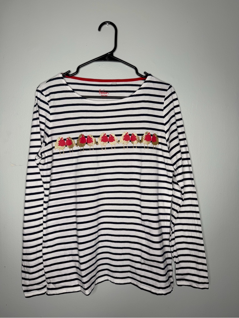 Boden Women L/S Breton Black White stripe tee Size US 10 sparkly festive robins